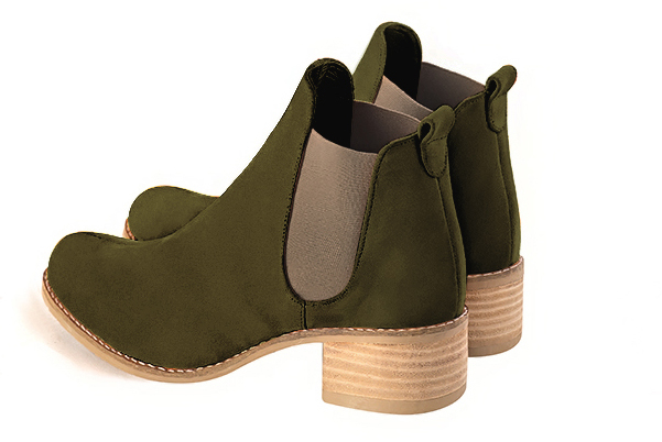 Khaki green and bronze beige women's ankle boots, with elastics. Round toe. Low leather soles. Rear view - Florence KOOIJMAN